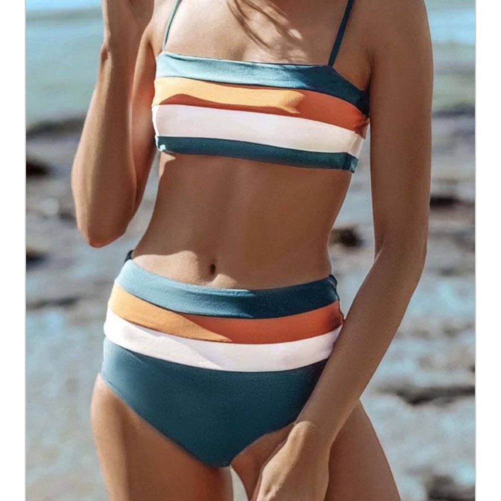 Mid waist stripe bikini set